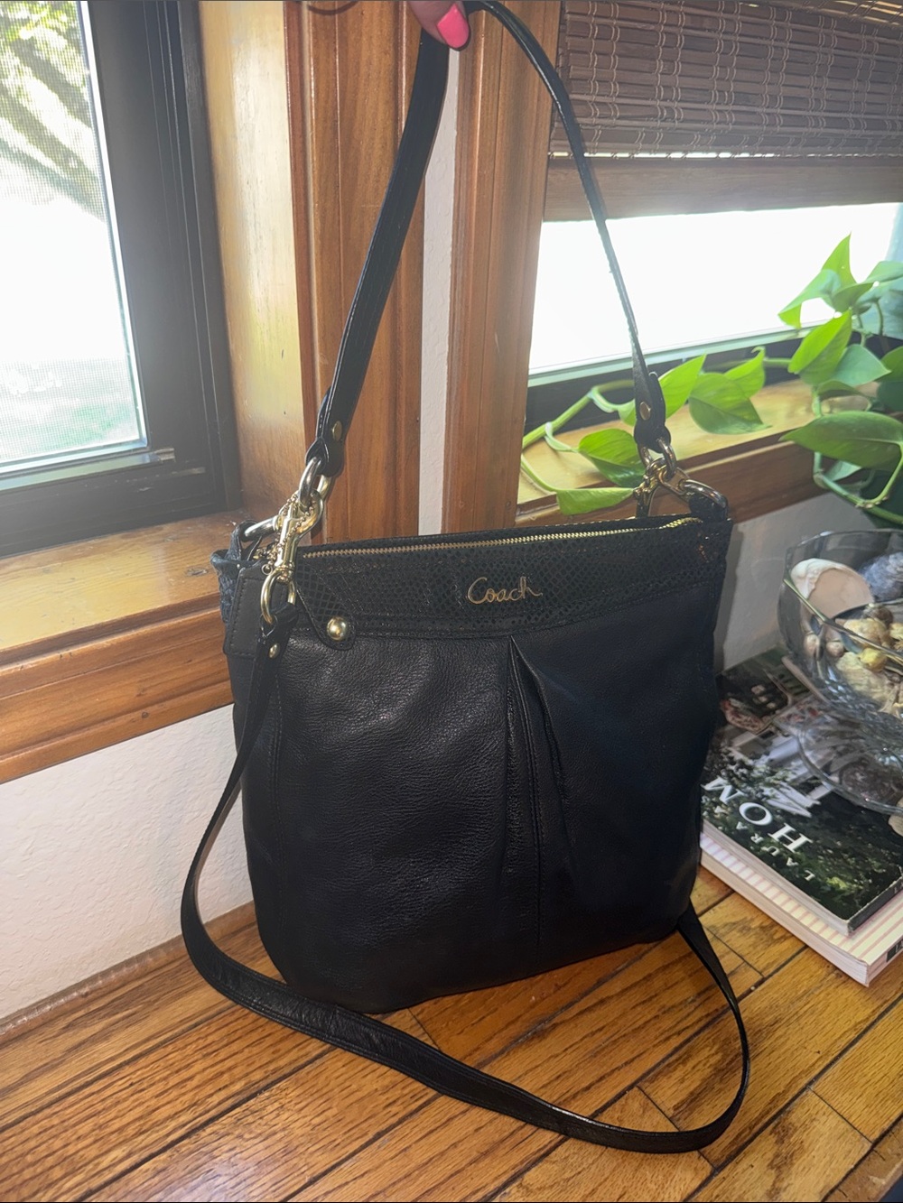Coach Ashley Black Leather Hobo Bag Python Trim F20114 with shoulder strap Gold